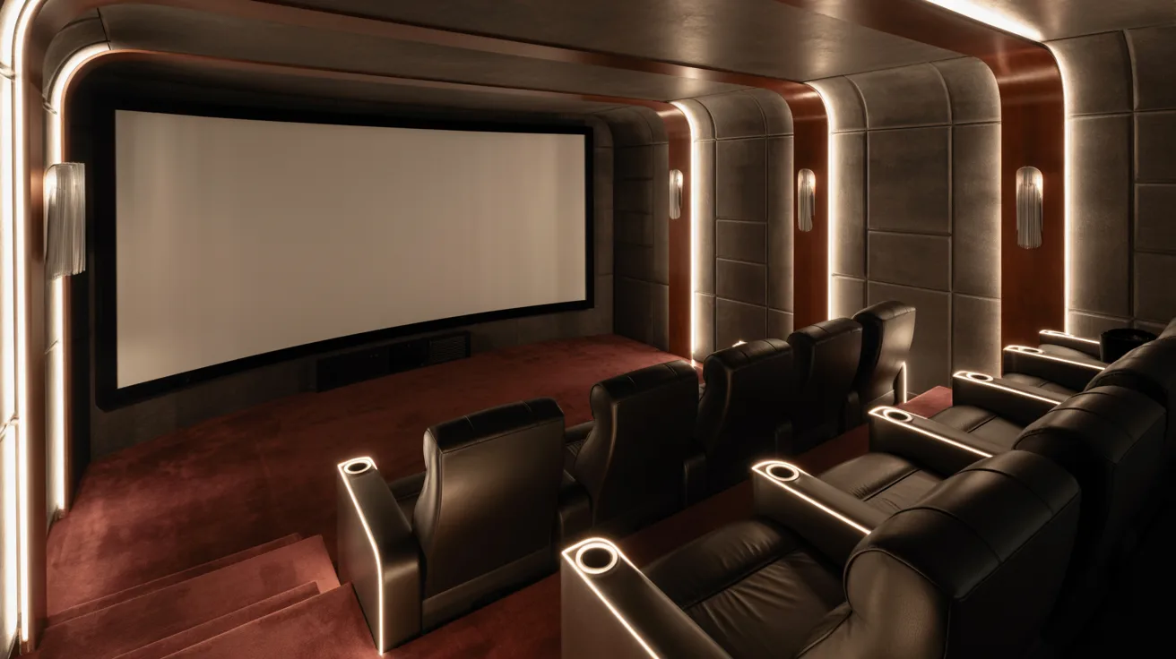 A theater room featuring a large screen and comfortable leather seats arranged for an immersive viewing experience.