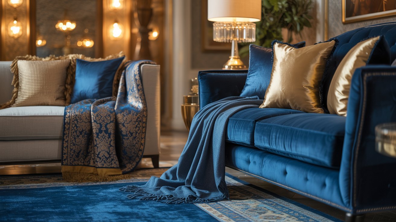 A luxurious blue velvet sofa adorned with elegant gold pillows, creating a stylish and inviting seating area.