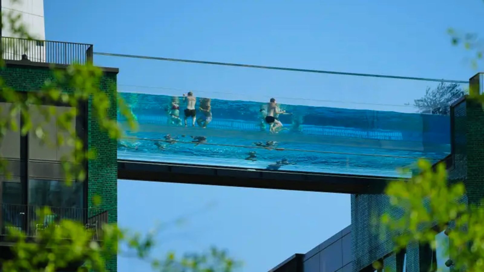 People swim in a pool located on a transparent glass bridge, surrounded by a scenic view.