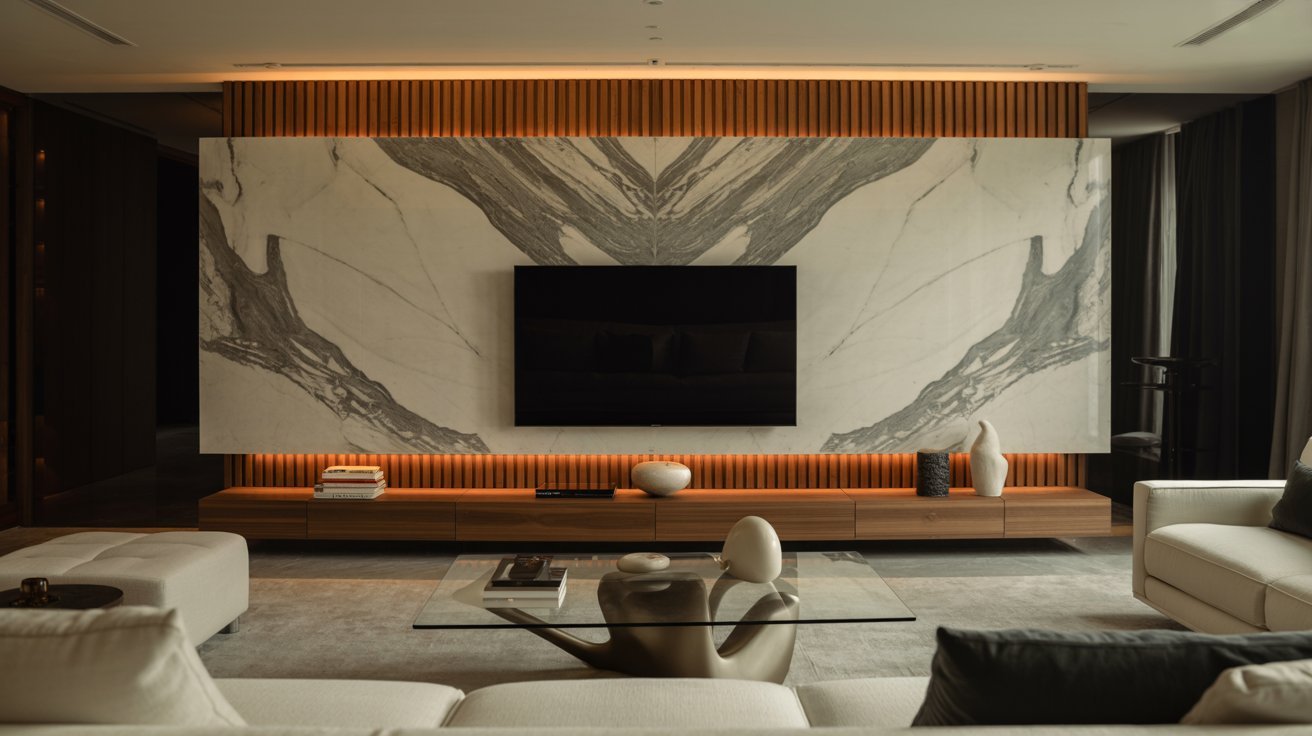  A modern living room featuring sleek marble walls and a flat-screen television mounted on the wall.