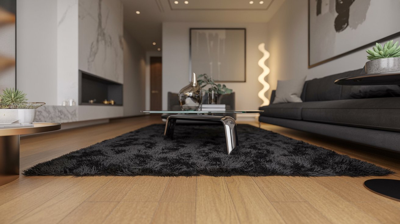 A modern living room featuring sleek black furniture and a stylish area rug, creating a contemporary and inviting atmosphere.