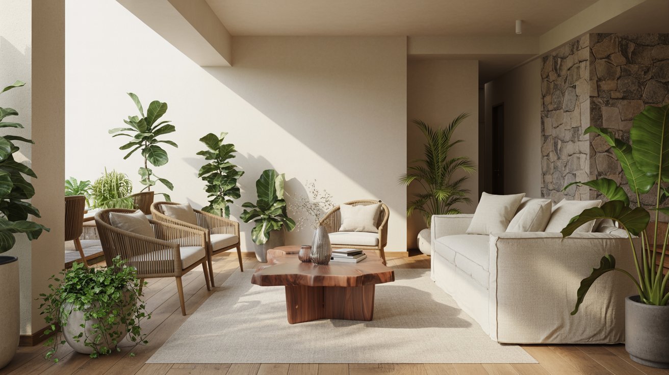 A bright living room featuring a large window and an abundance of indoor plants, creating a vibrant and inviting atmosphere.