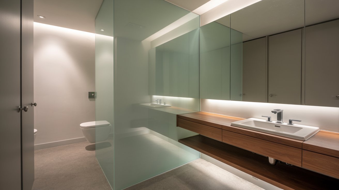 A sleek modern bathroom featuring glass walls and a stylish wooden counter.