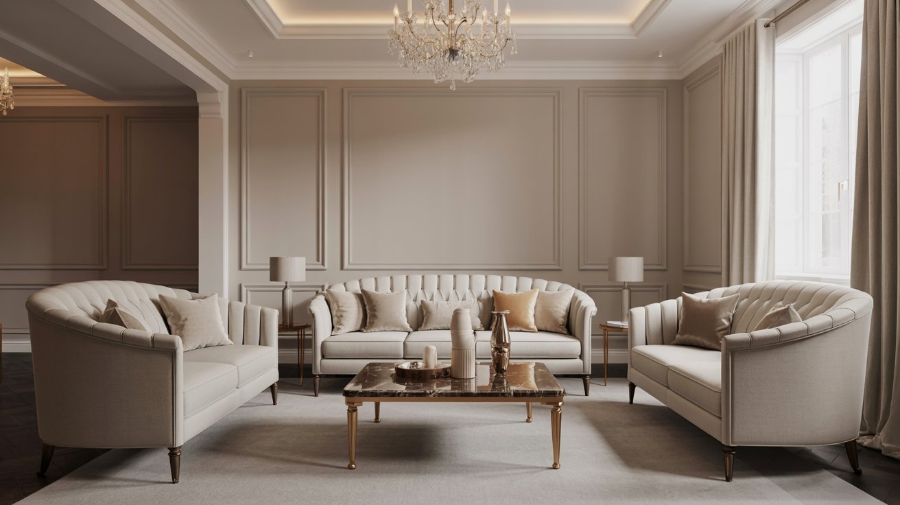 A cozy living room featuring two couches and an elegant chandelier hanging from the ceiling.