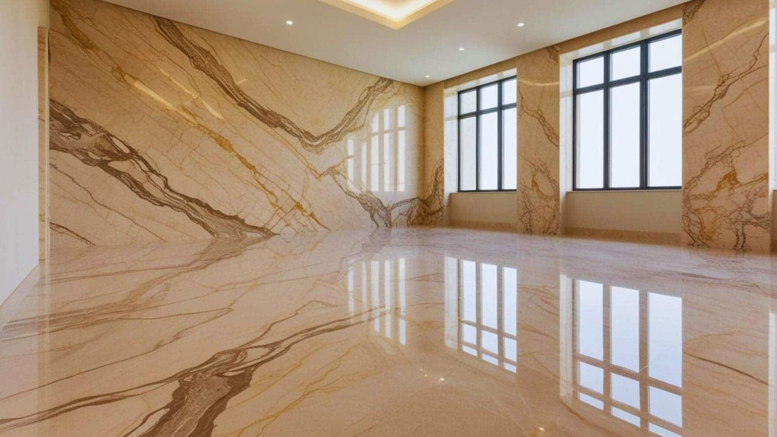 A spacious room featuring a polished marble floor and large windows allowing natural light to fill the space.