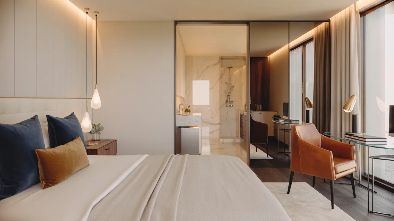 A modern bedroom featuring a neatly made bed, a desk, and a large window allowing natural light to enter.