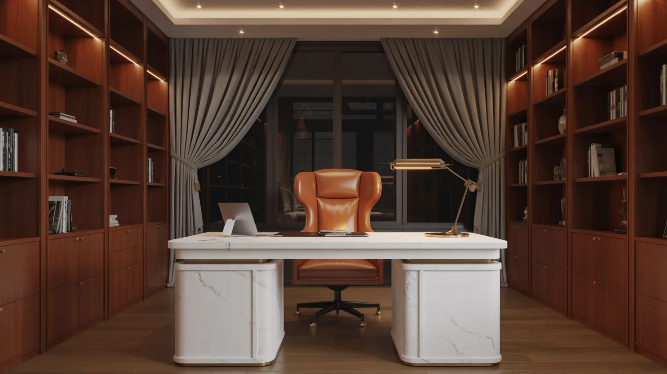 A home office featuring a desk and bookshelves filled with books, creating a cozy and organized workspace.