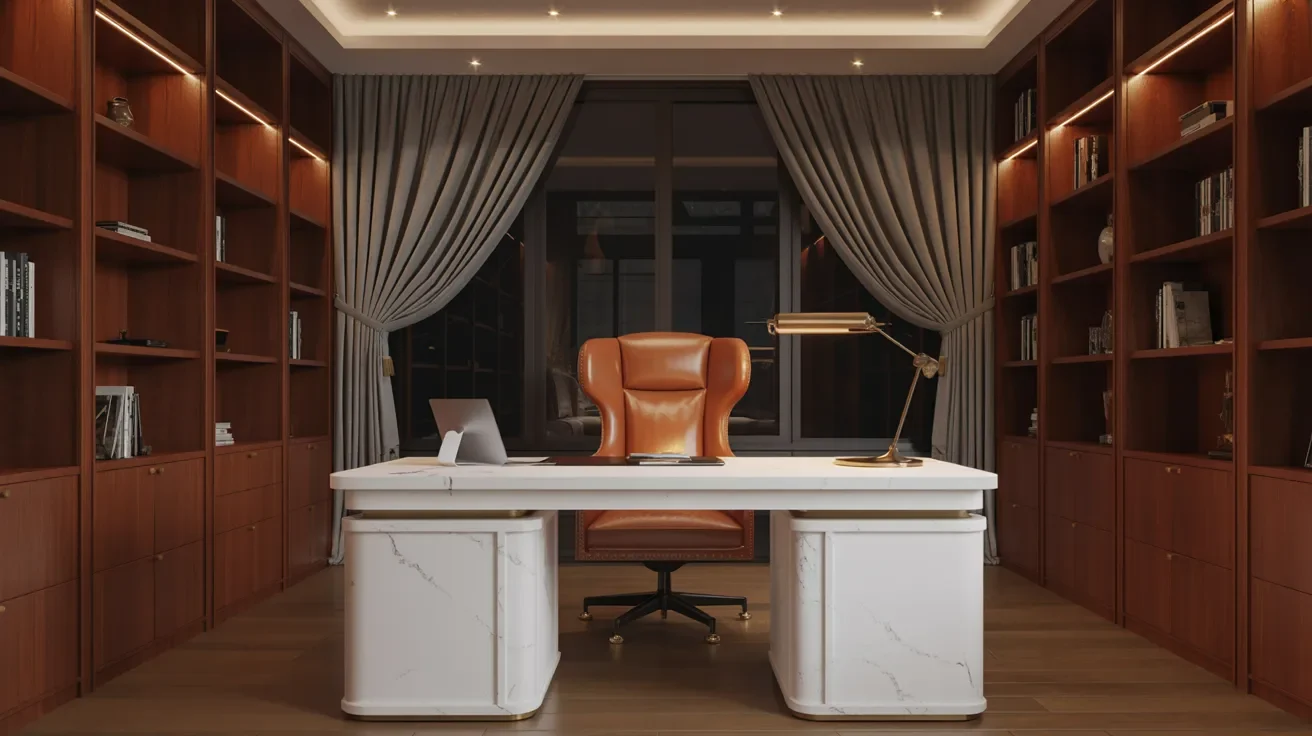 A home office featuring a desk and bookshelves filled with books, creating a cozy and organized workspace.