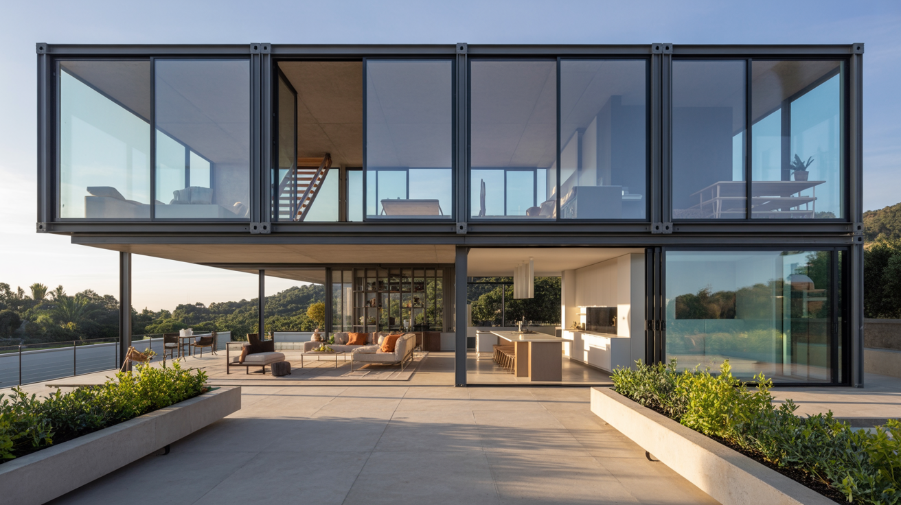 A contemporary home featuring expansive glass walls and a stylish patio for outdoor relaxation.