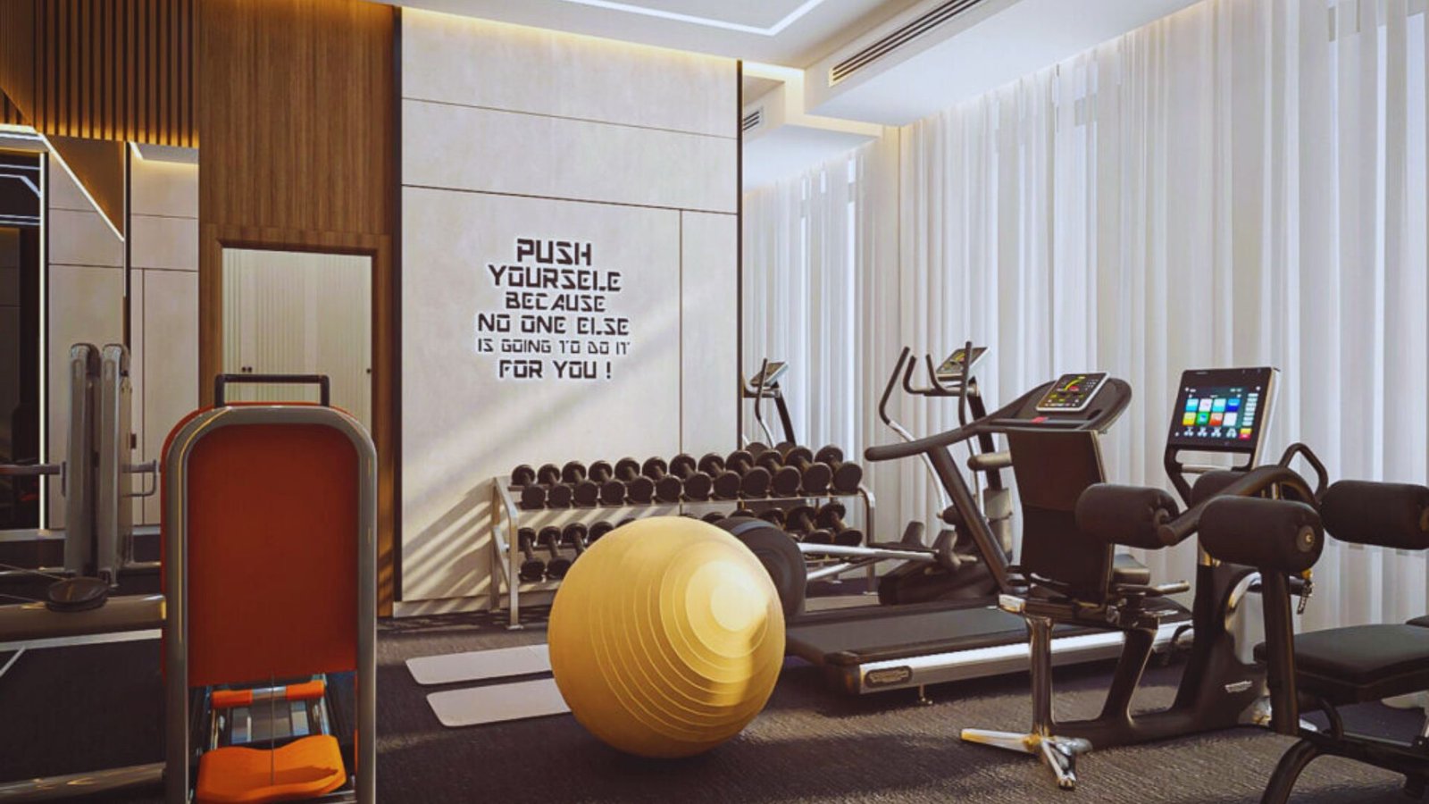 A gym room featuring various exercise equipment and a prominent sign that reads "workout."
