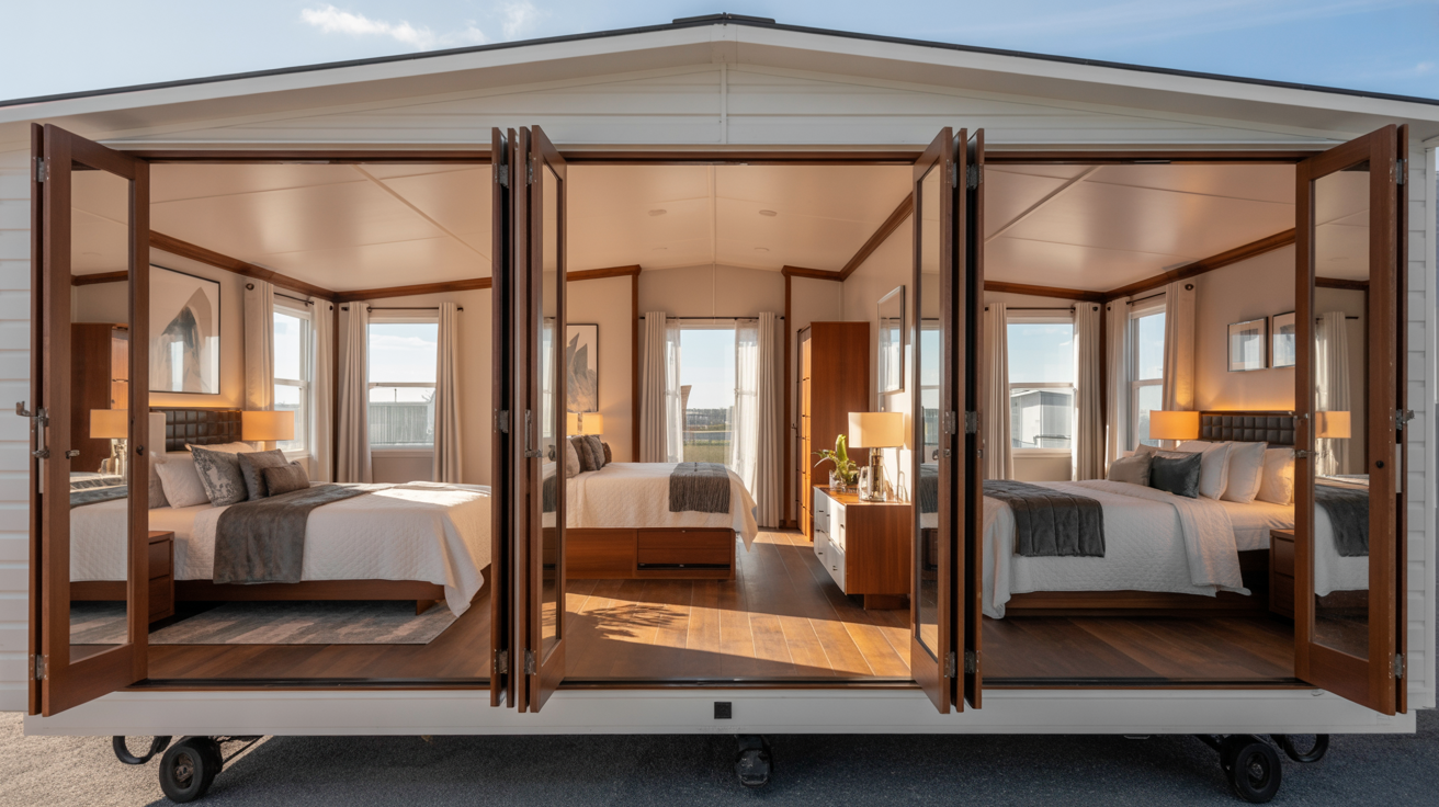 . Interior view of a mobile home featuring two neatly made beds and simple furnishings.