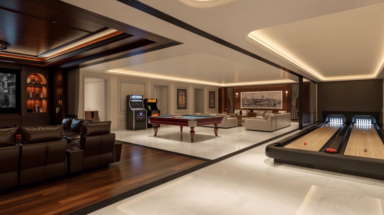 A stylish home theater equipped with a bowling game and pool table, perfect for social gatherings and entertainment.