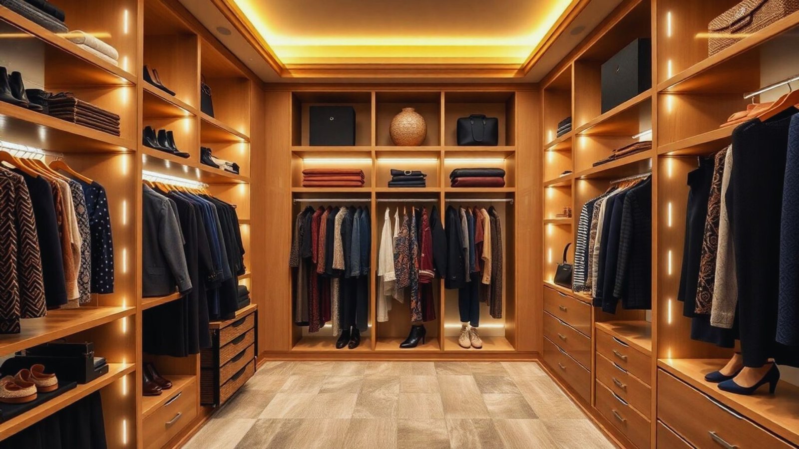 A spacious walk-in closet featuring wooden shelves filled with neatly arranged clothes.