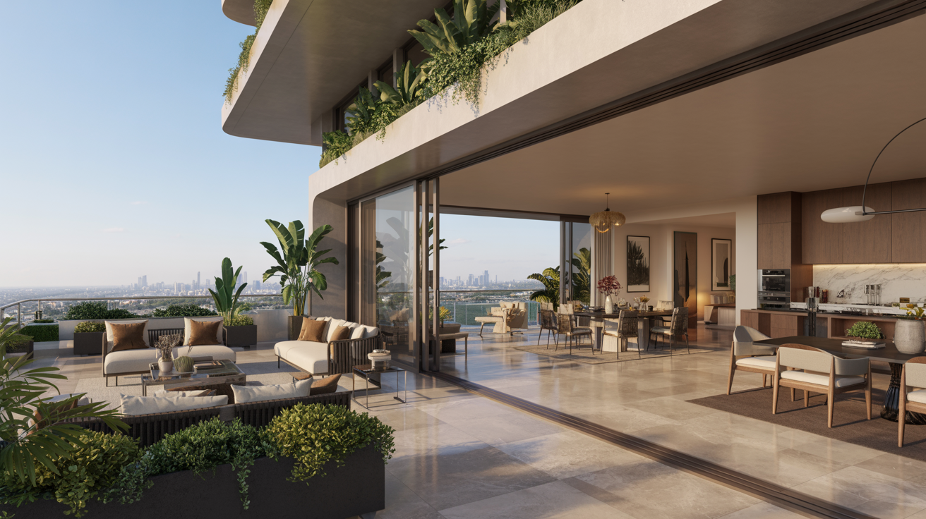Balcony view of a contemporary apartment showcasing a vibrant cityscape under a bright sky.