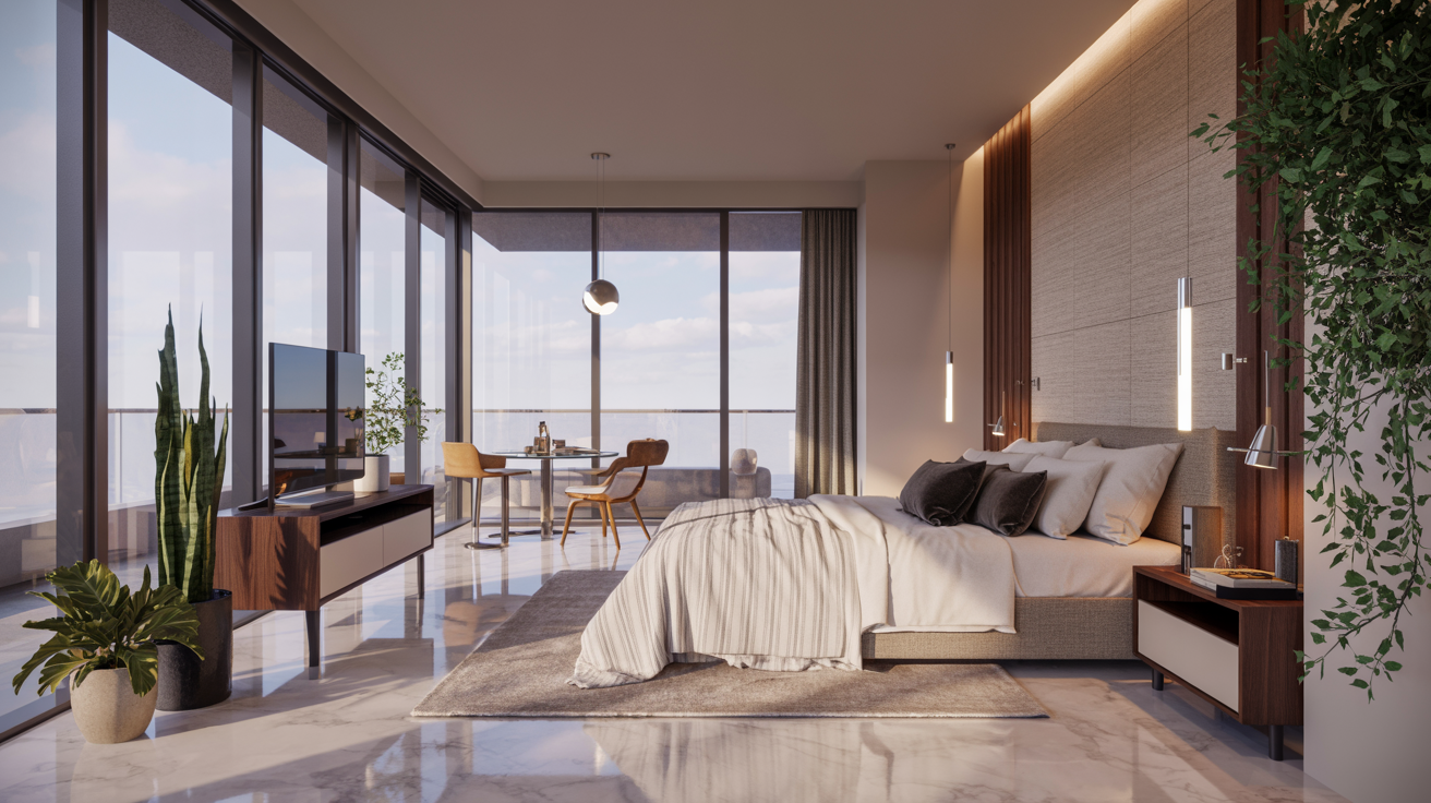 A contemporary bedroom with a spacious window offering a panoramic city view.