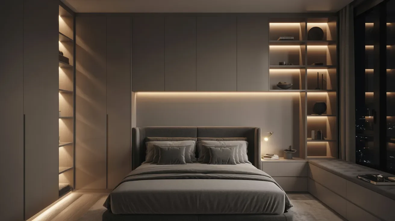 A cozy bedroom featuring a neatly made bed and a stylish nightstand beside it.