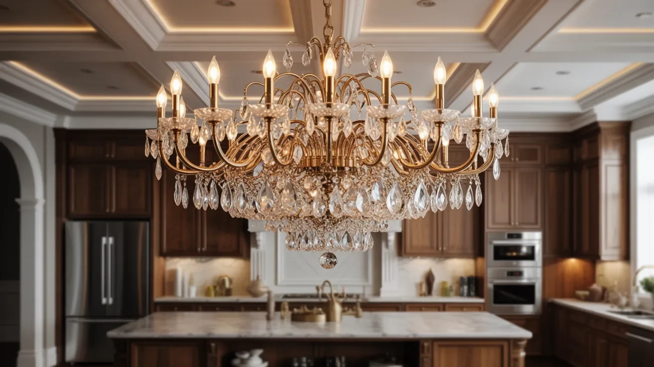 A large, elegant chandelier hanging from the ceiling in a modern kitchen, illuminating the space with warm light.