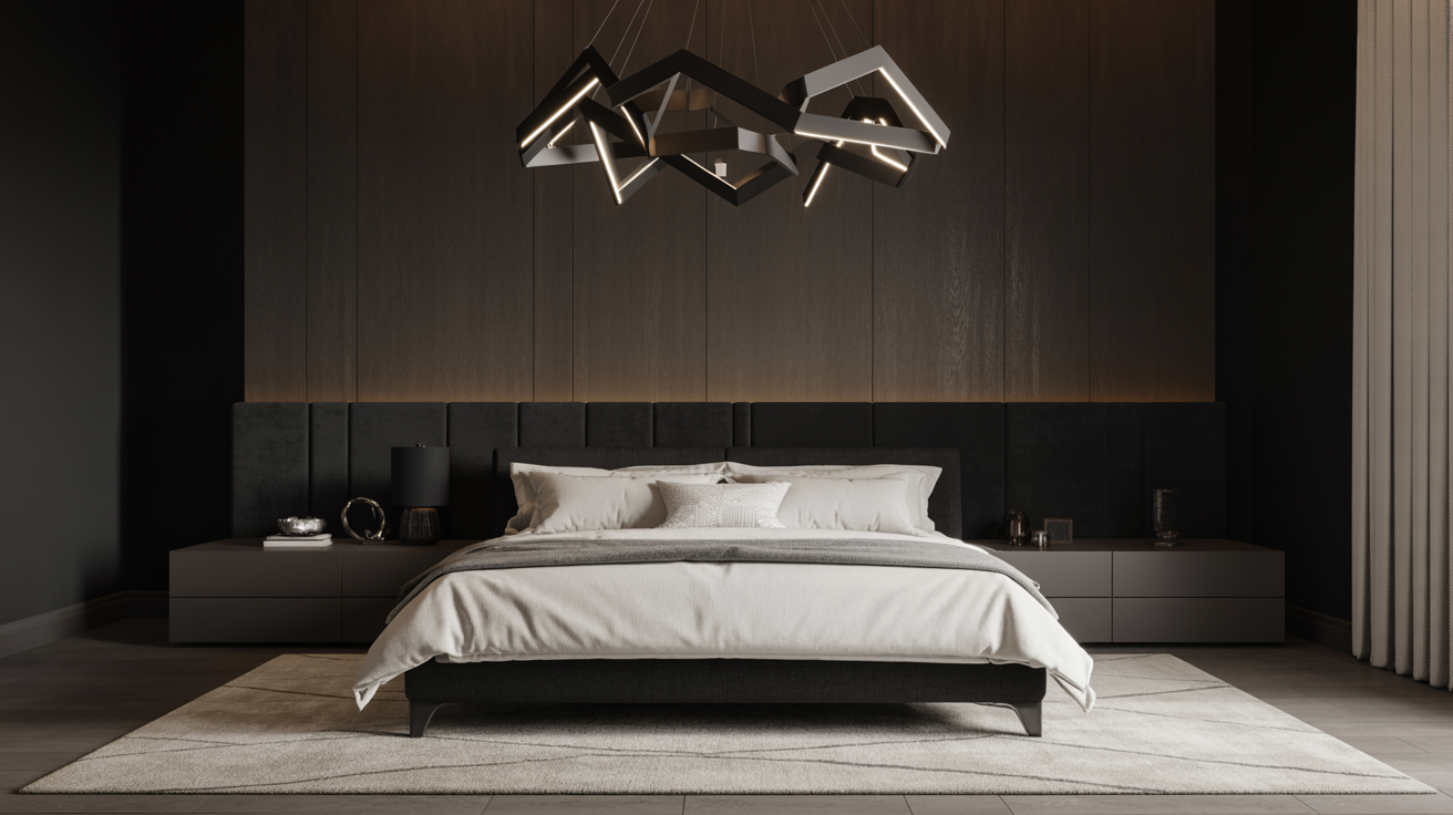 A modern bedroom featuring black walls and a neatly made bed, creating a sleek and contemporary atmosphere.