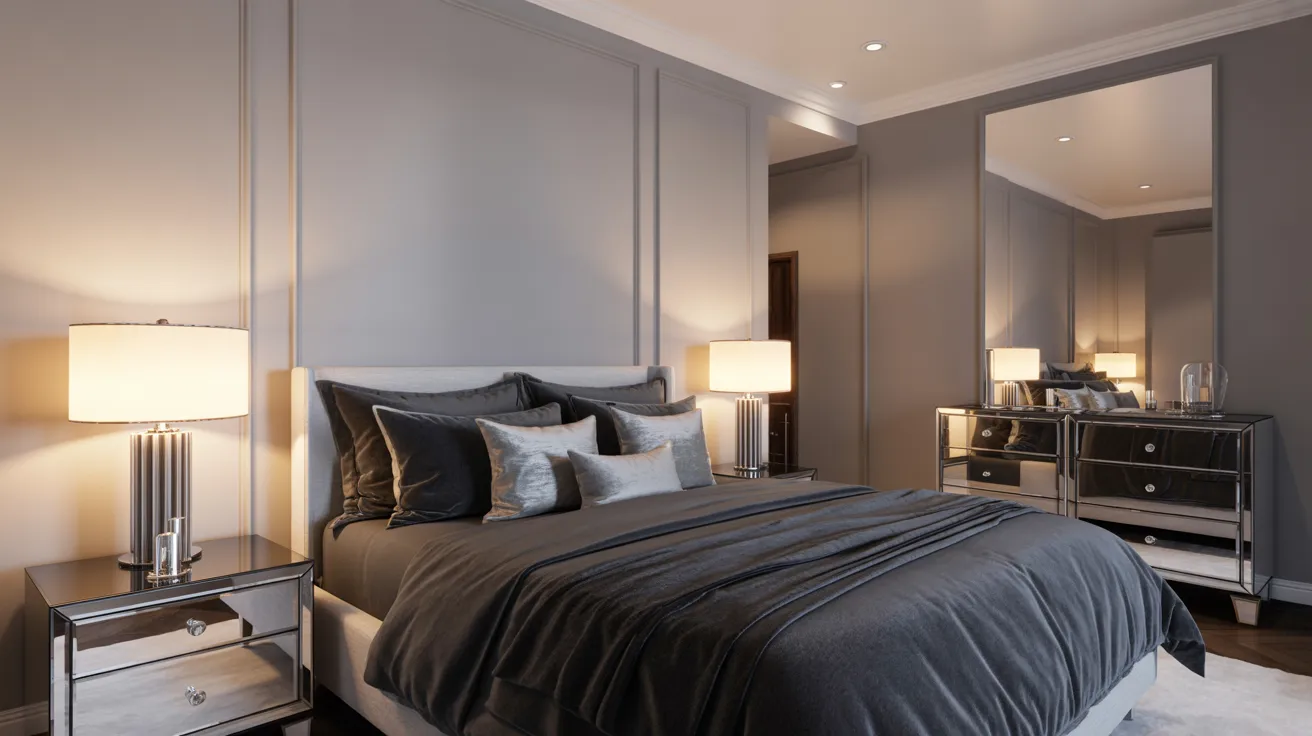A cozy bedroom featuring a gray bed and a stylish mirror reflecting the room's decor.