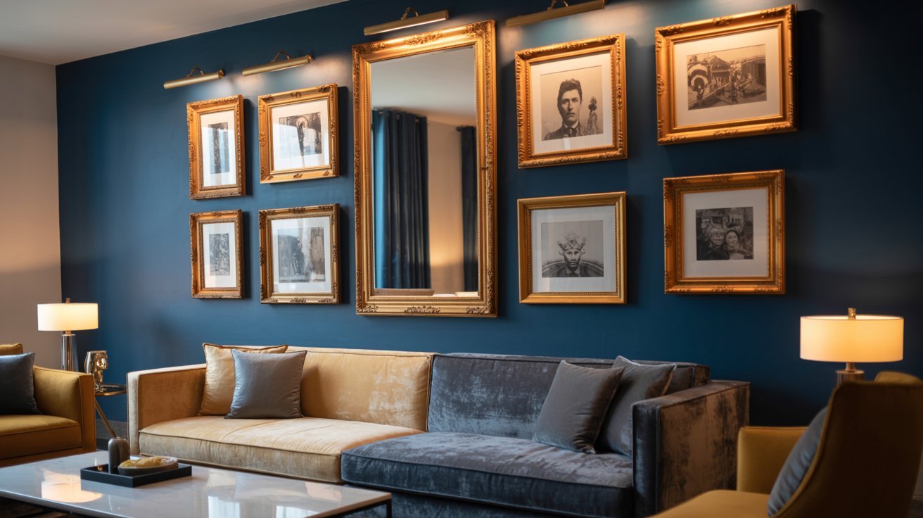 A blue living room featuring elegant gold furniture and several framed pictures on the walls.