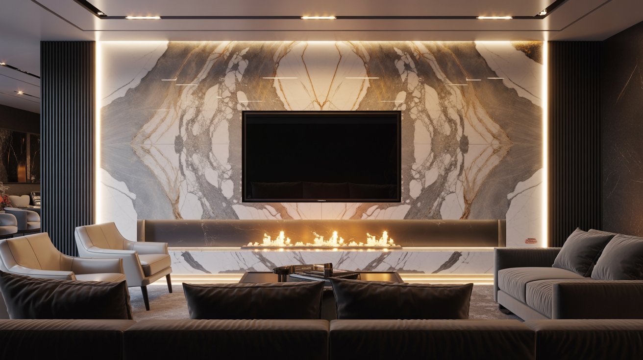  A modern living room featuring a cozy fireplace and a flat-screen television on the wall.