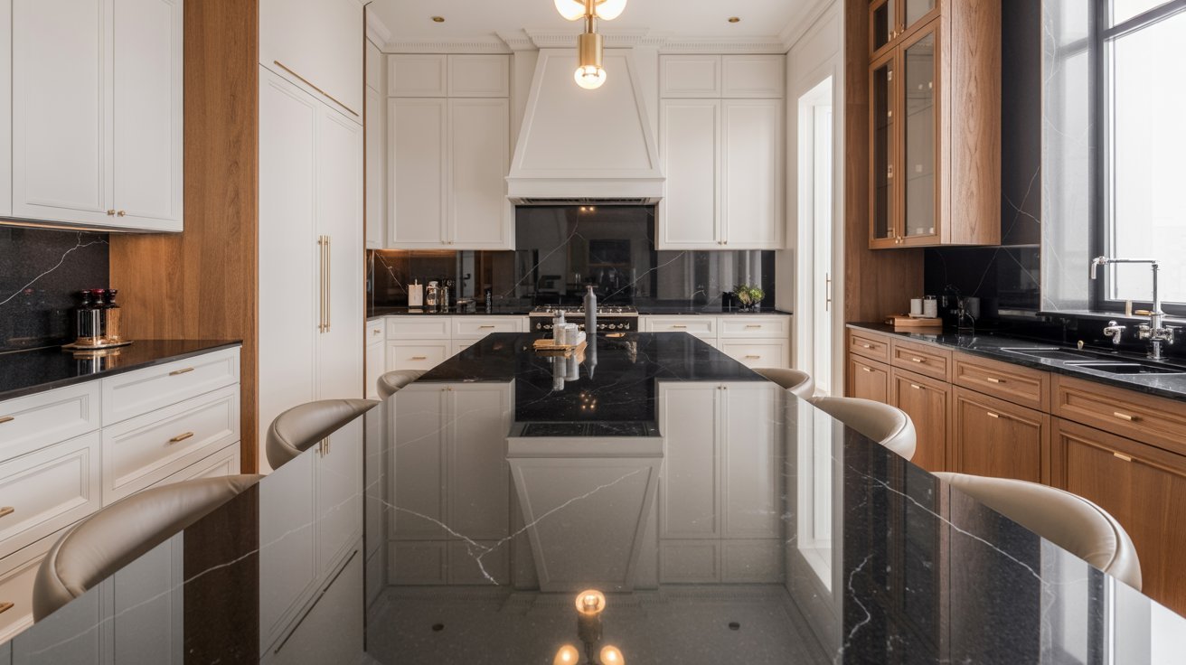 A modern kitchen featuring sleek black marble countertops and elegant white cabinets.