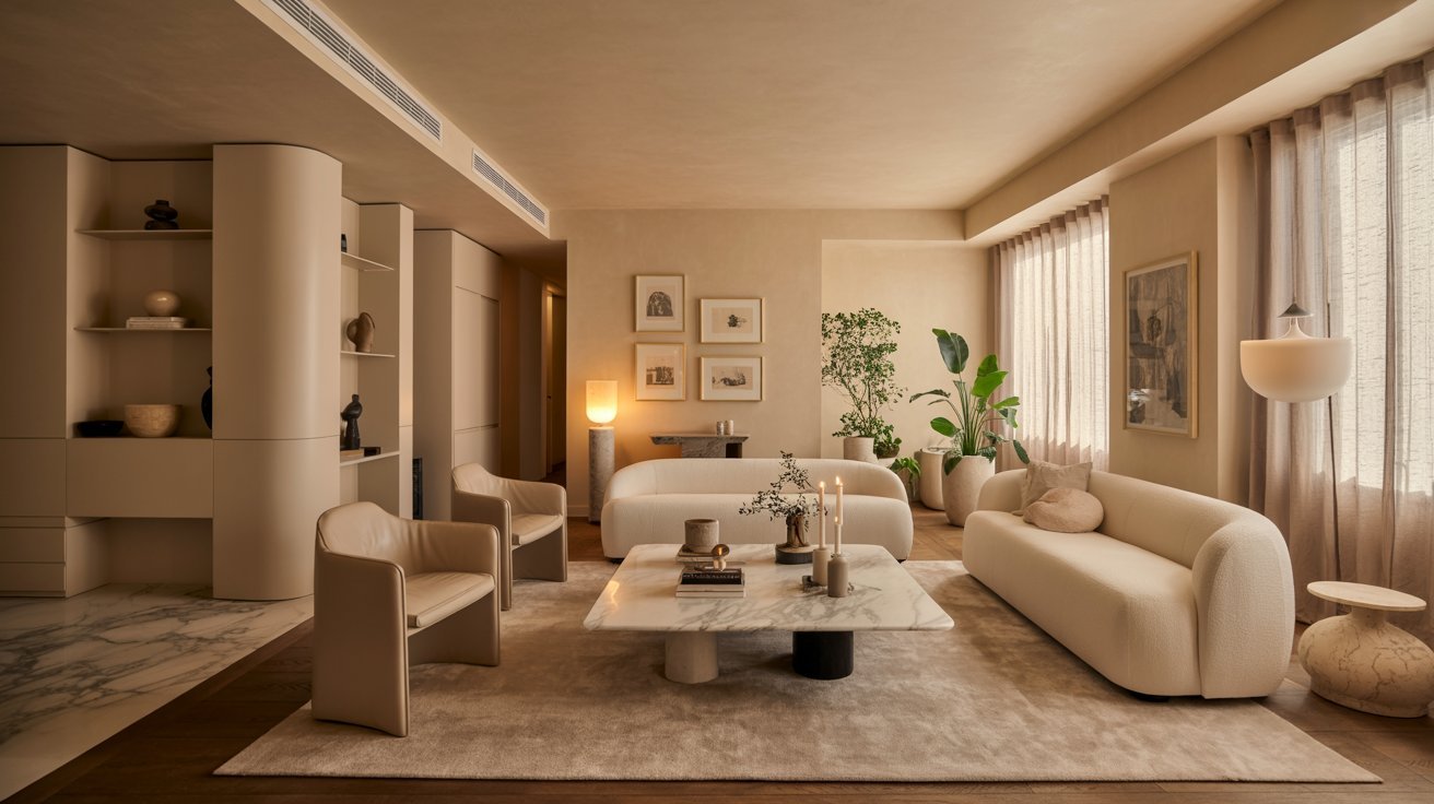 A cozy living room featuring beige furniture and a large window allowing natural light to fill the space.
