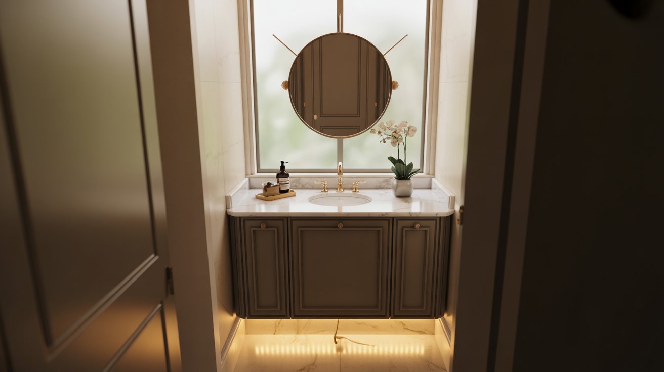 A bathroom featuring a sink and a mirror above it, with neutral-colored walls and a clean, modern design.A bathroom featuring a sink and a mirror above it, with neutral-colored walls and a clean, modern design.