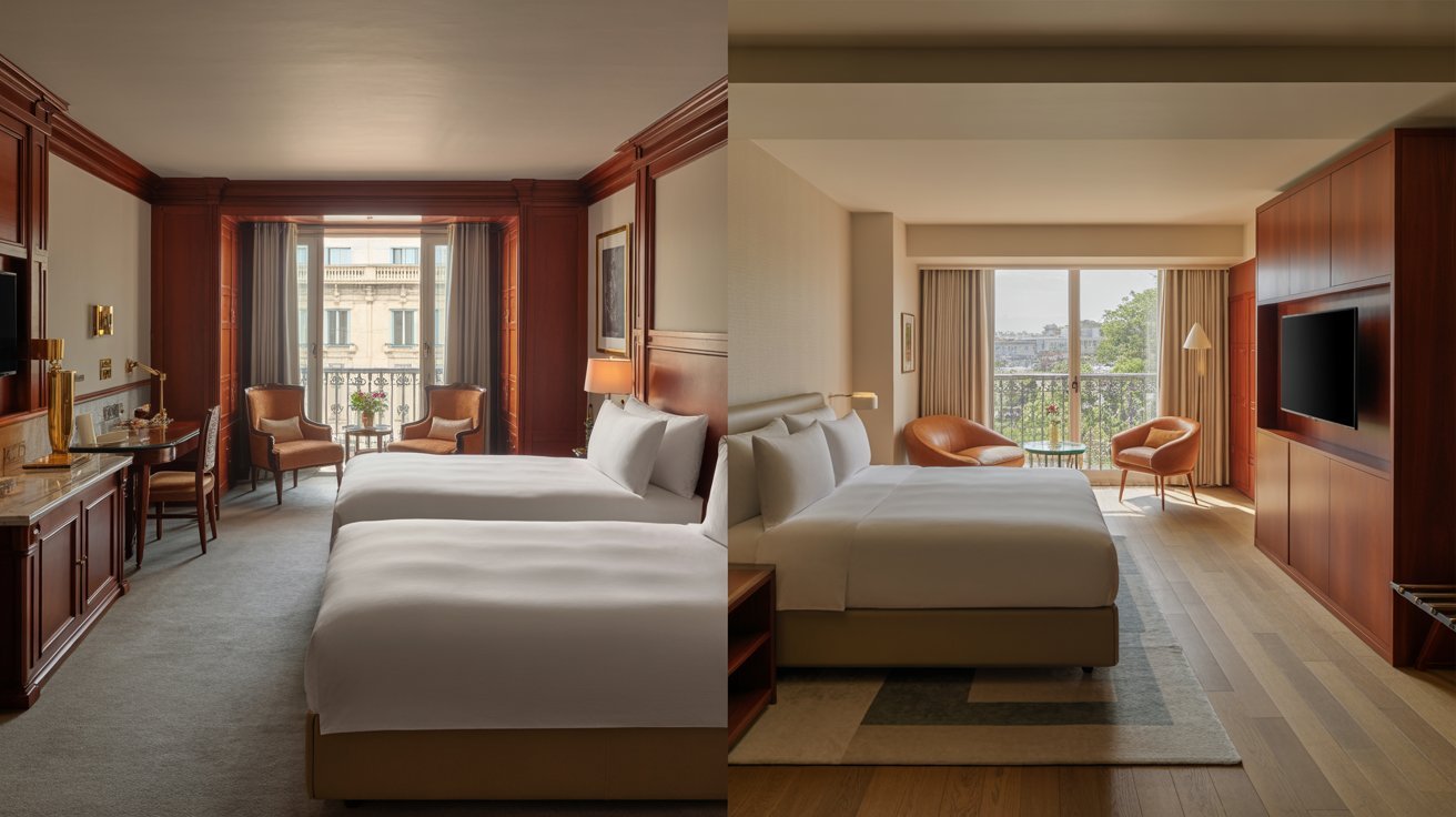 Two images of a hotel room featuring a bed and a television, showcasing the room's layout and decor.