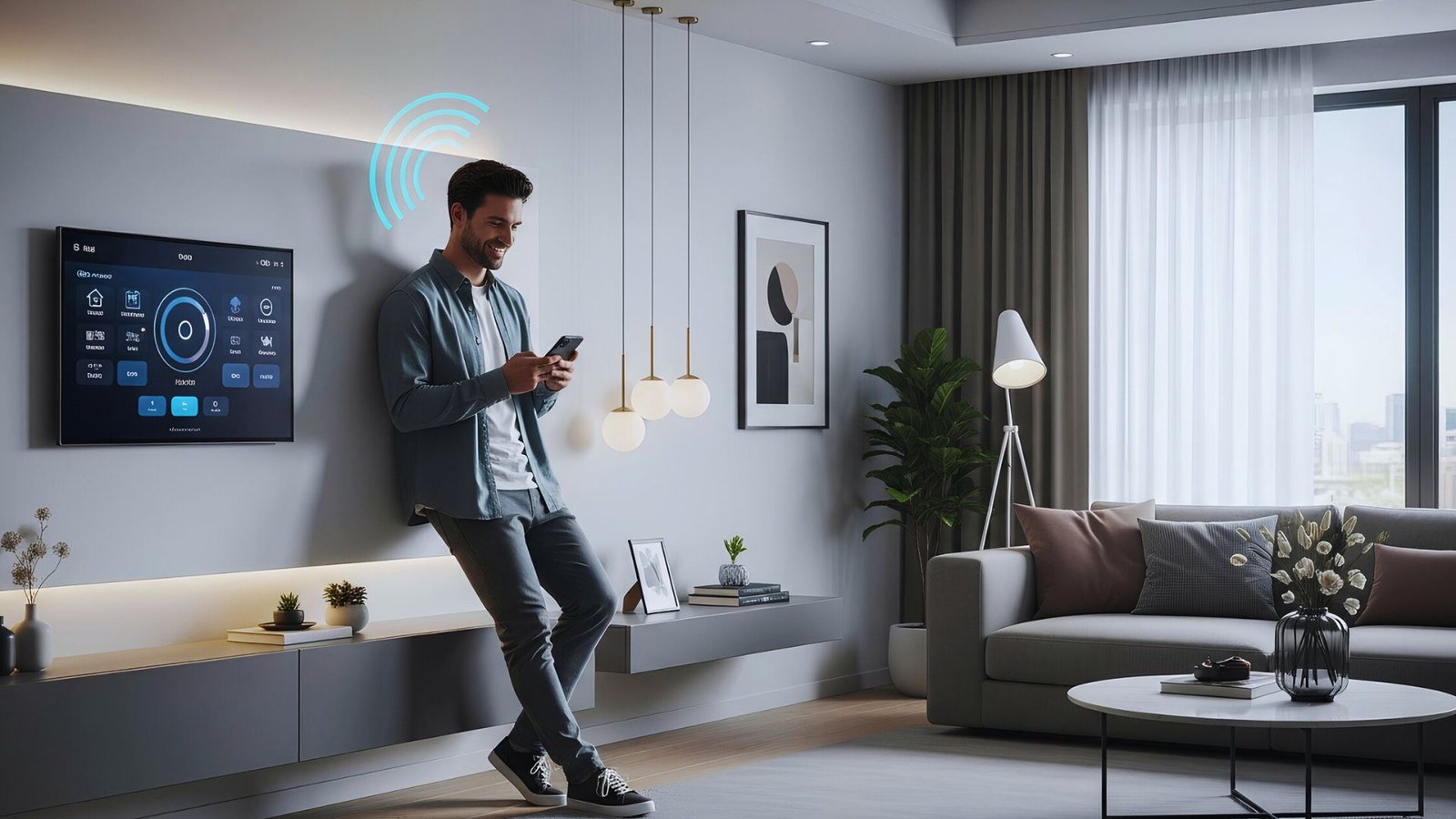 A man stands in front of a smart TV, holding a smartphone in his hand, engaged in a tech-related activity.