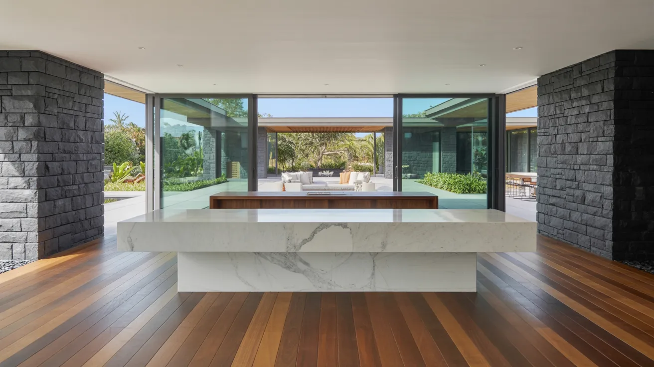 A modern home featuring a large glass wall and elegant wooden floors, showcasing a bright and open interior space.