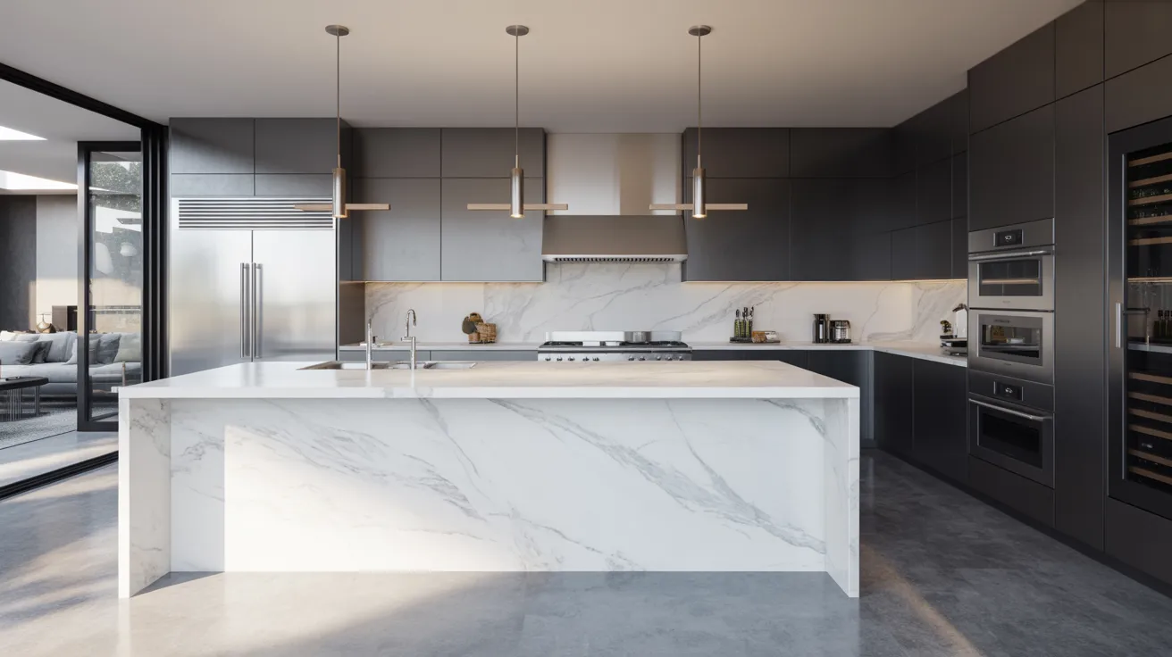 A sleek modern kitchen featuring elegant marble countertops and contemporary appliances.