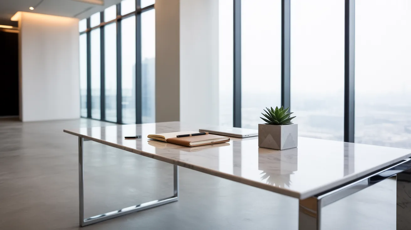  A white desk featuring a small green plant on its surface, creating a fresh and inviting workspace.