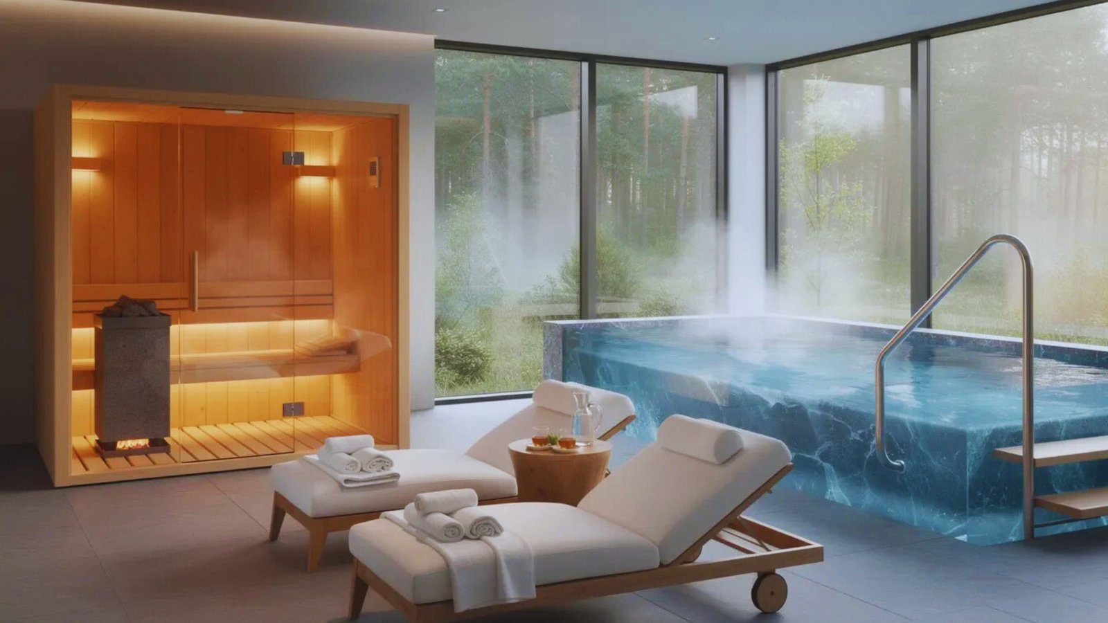 A serene spa room featuring a hot tub and a steam room, designed for relaxation and wellness.