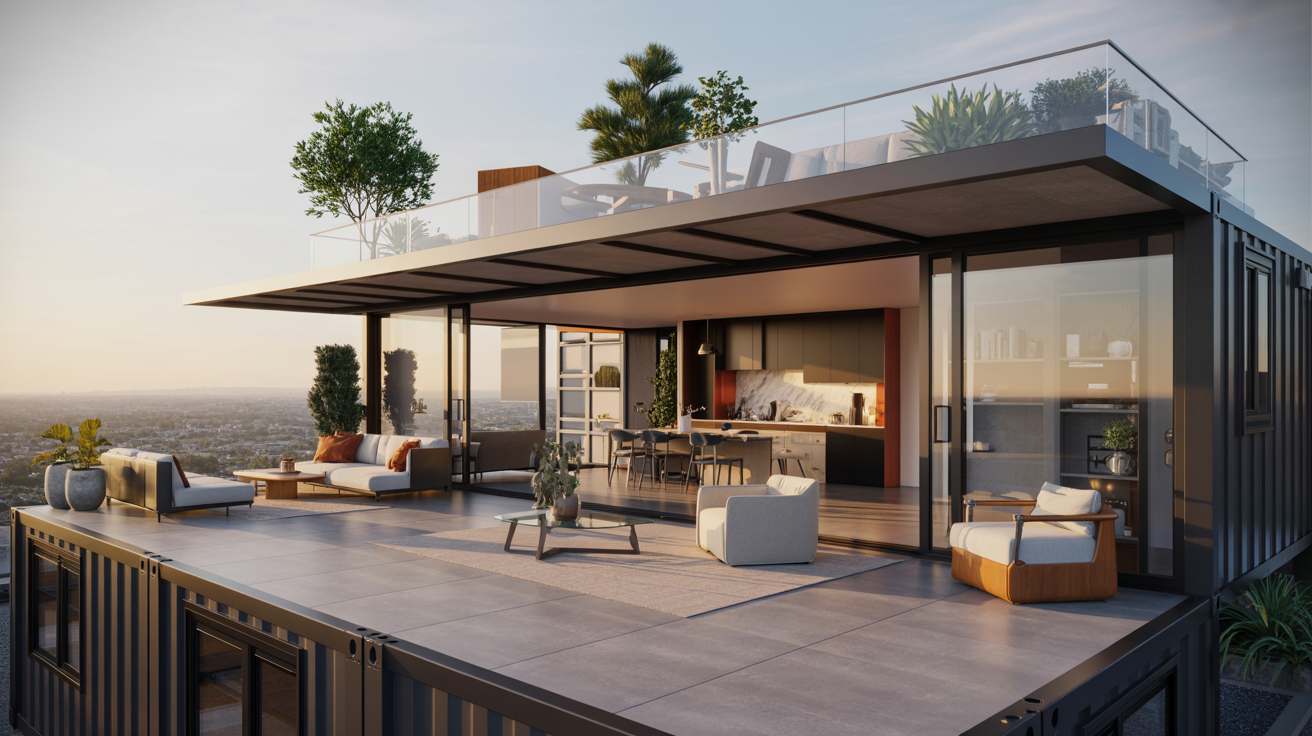  A modern home featuring a balcony that offers a panoramic view of the city skyline.