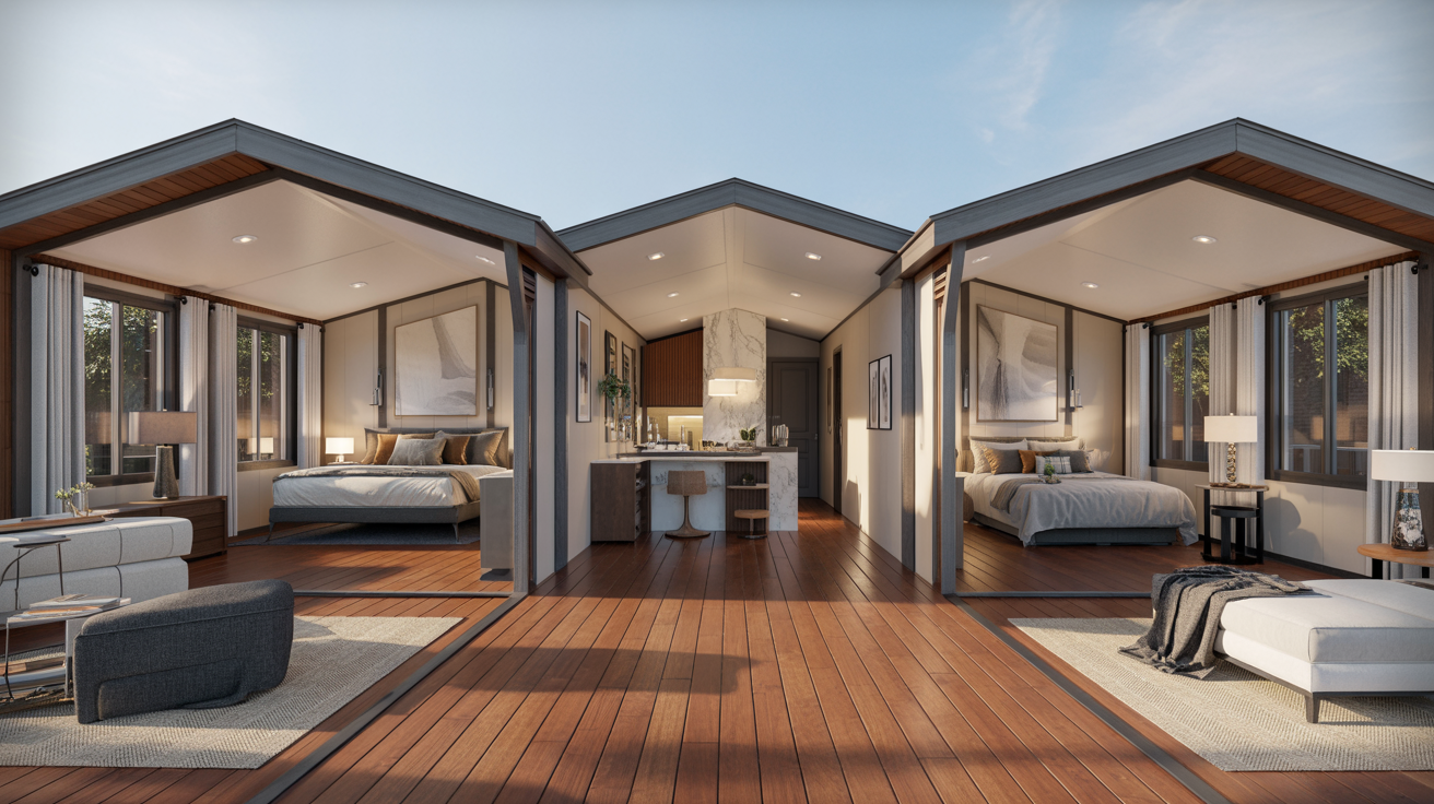 A cozy bedroom featuring a bed, adjacent to a comfortable living room area with seating.