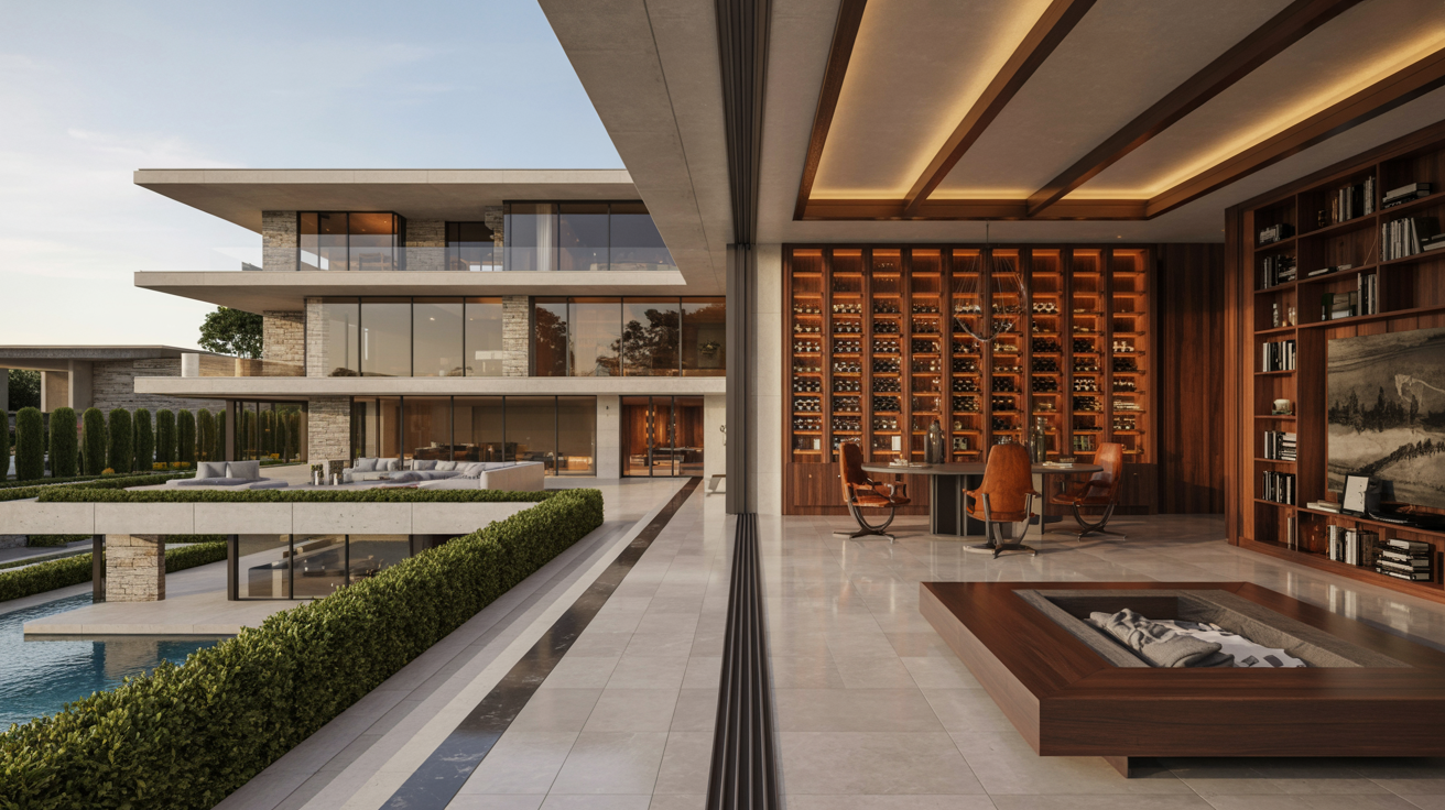 A modern home featuring a spacious living room and an inviting swimming pool in the backyard.
