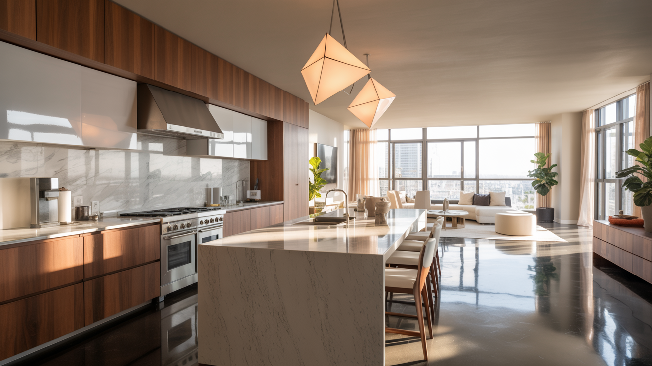 A modern kitchen featuring a spacious island and a large window that lets in natural light.
