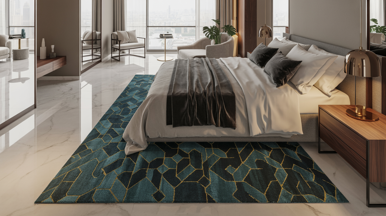 A modern bedroom featuring a neatly made bed, a stylish nightstand, and a soft area rug on the floor.
