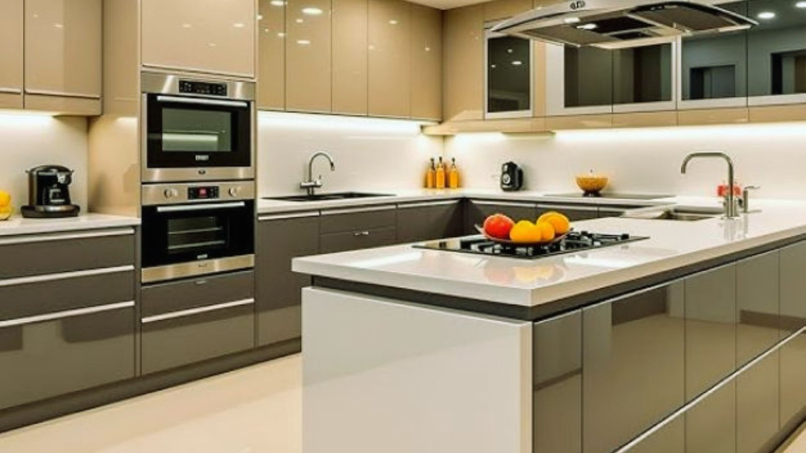 A modern kitchen featuring stainless steel appliances and a sleek white countertop.