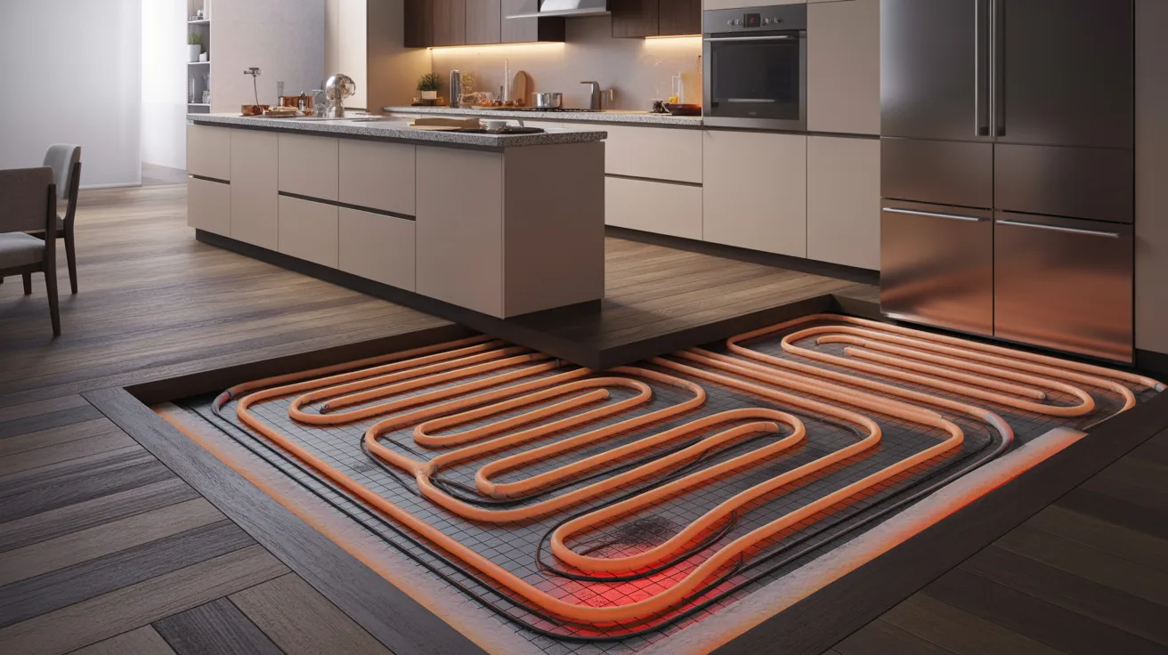  A kitchen featuring a central heating system installed in the middle of the floor, surrounded by cabinetry and appliances.