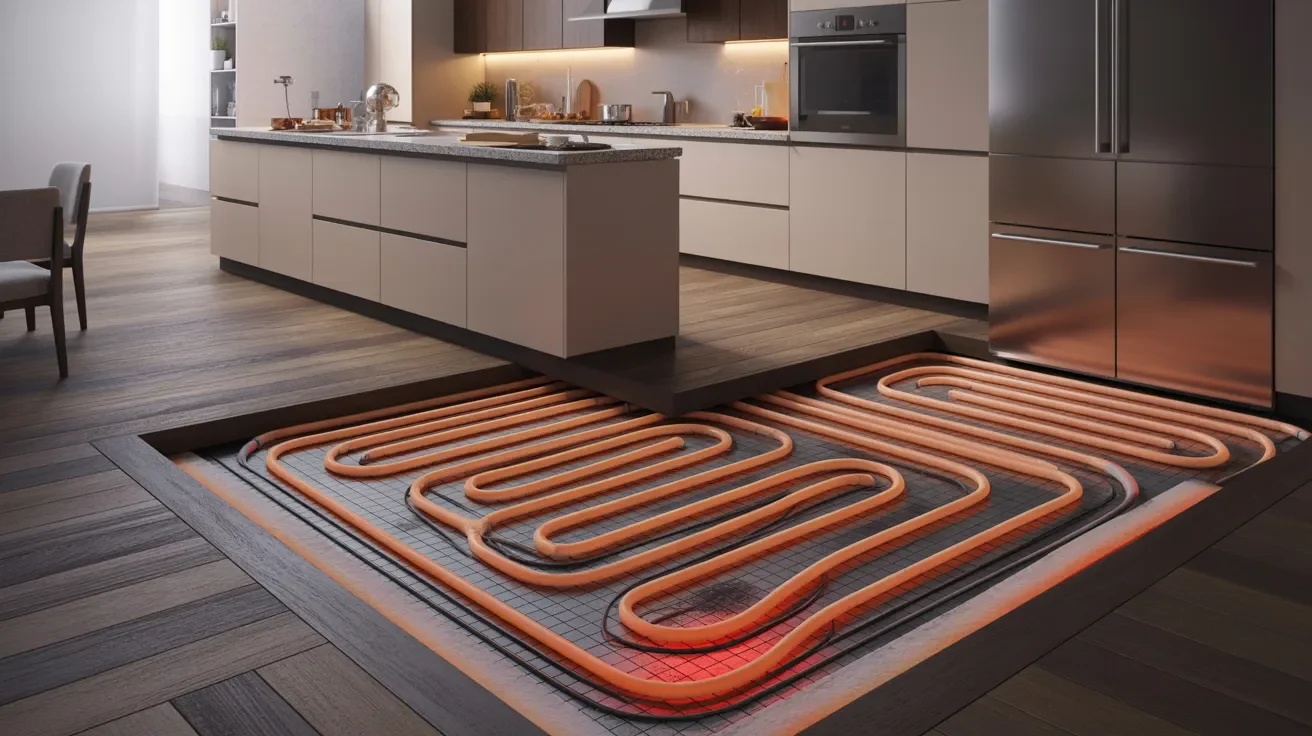 A kitchen featuring a central heating system installed in the middle of the floor, surrounded by cabinetry and appliances.